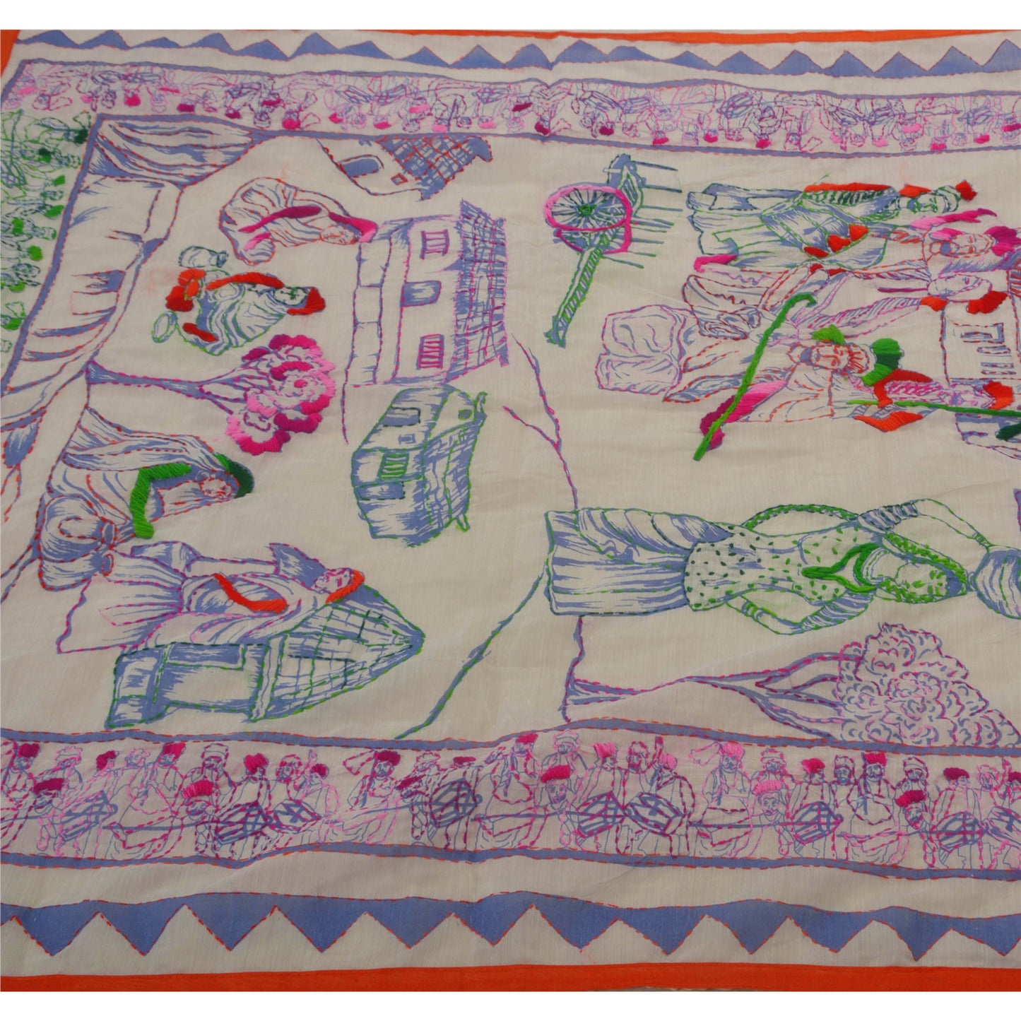 Sanskriti Vintage New White Heavy Dupatta Hand Embroidered Kantha Stole Chanderi Silk