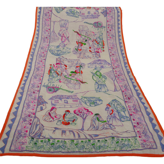 Sanskriti Vintage New White Heavy Dupatta Hand Embroidered Kantha Stole Chanderi Silk