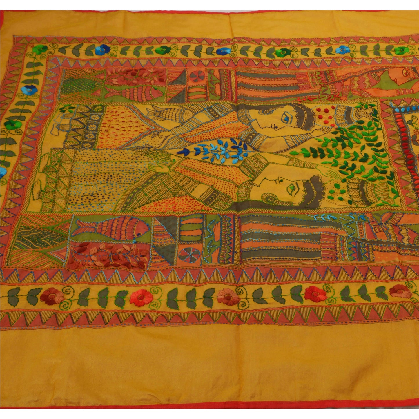 Sanskriti Vintage New Saffron Heavy Dupatta Hand Embroidered Kantha Stole Chanderi Silk