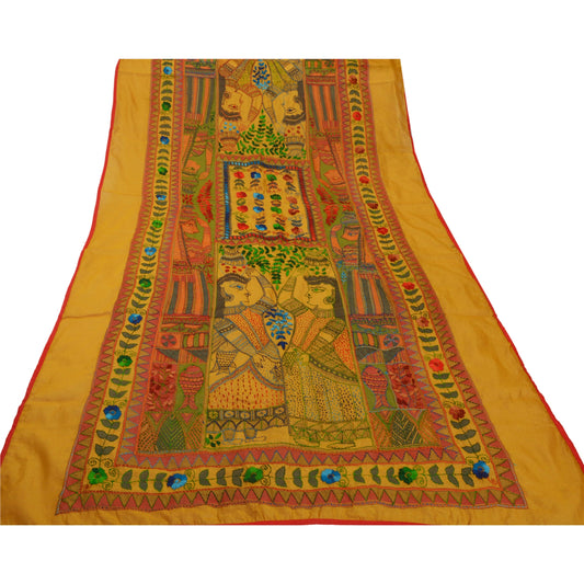 Sanskriti Vintage New Saffron Heavy Dupatta Hand Embroidered Kantha Stole Chanderi Silk