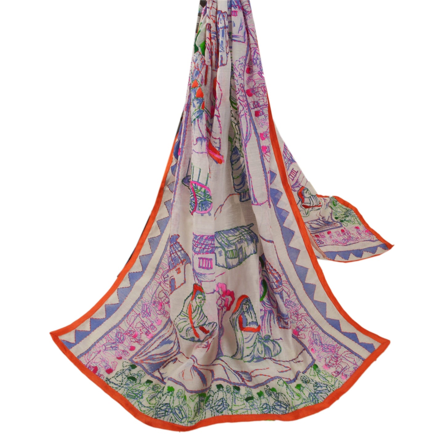 Sanskriti Vintage New White Heavy Dupatta Hand Embroidered Kantha Stole Chanderi Silk