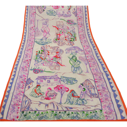 Sanskriti Vintage New White Heavy Dupatta Hand Embroidered Kantha Stole Chanderi Silk