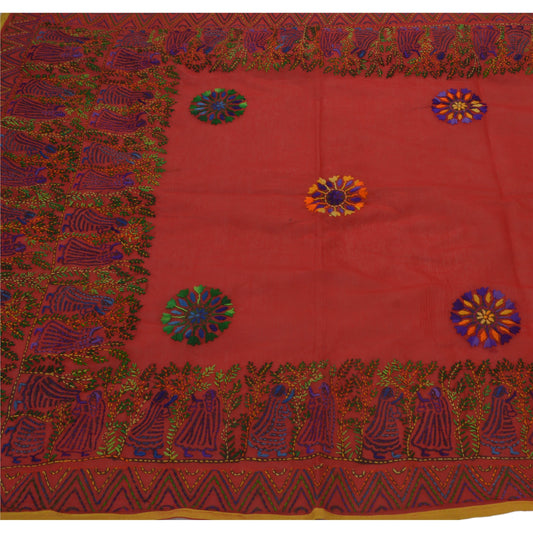 Sanskriti Vintage New Dark Red Heavy Dupatta Hand Embroidered Kantha Stole Chanderi Silk