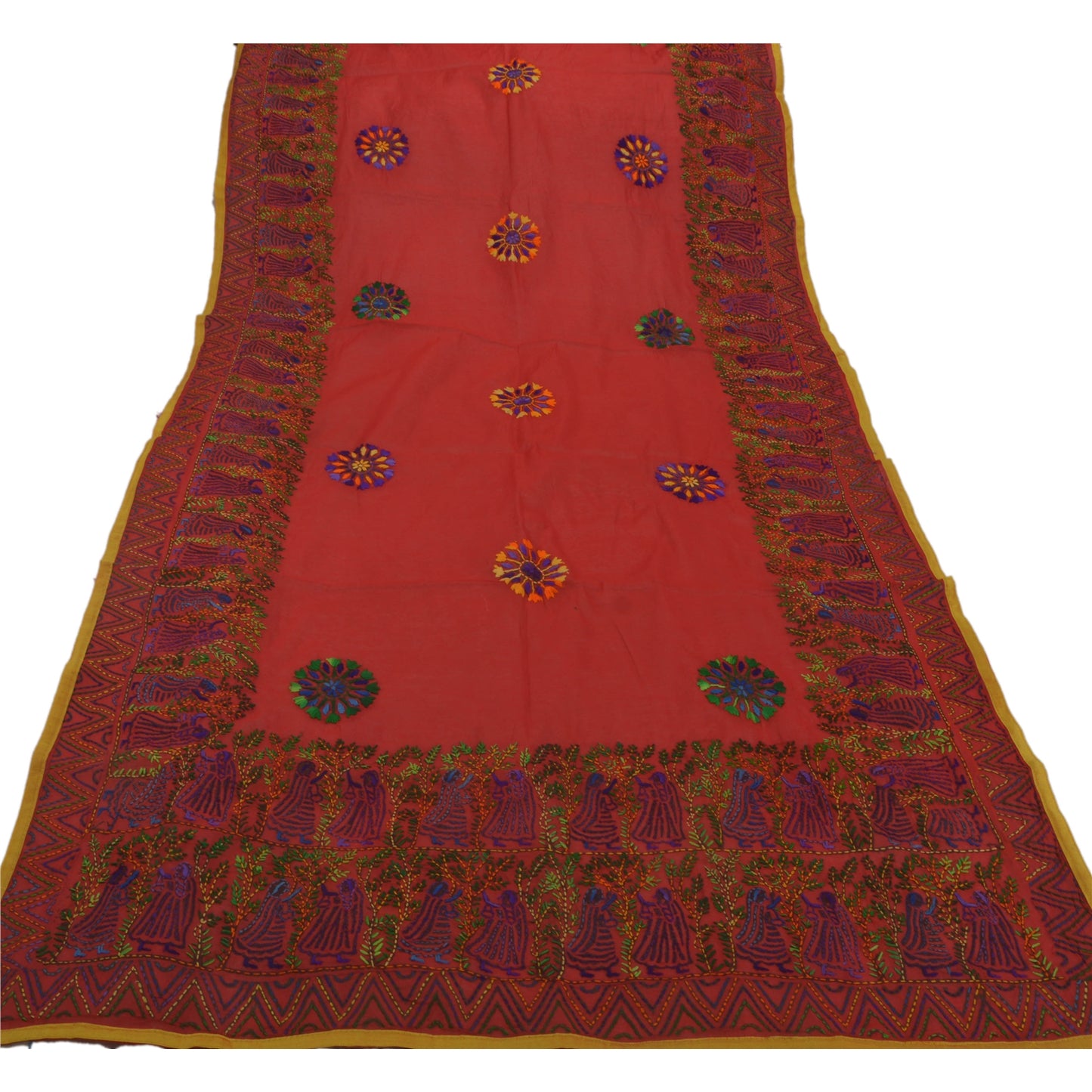 Sanskriti Vintage New Dark Red Heavy Dupatta Hand Embroidered Kantha Stole Chanderi Silk