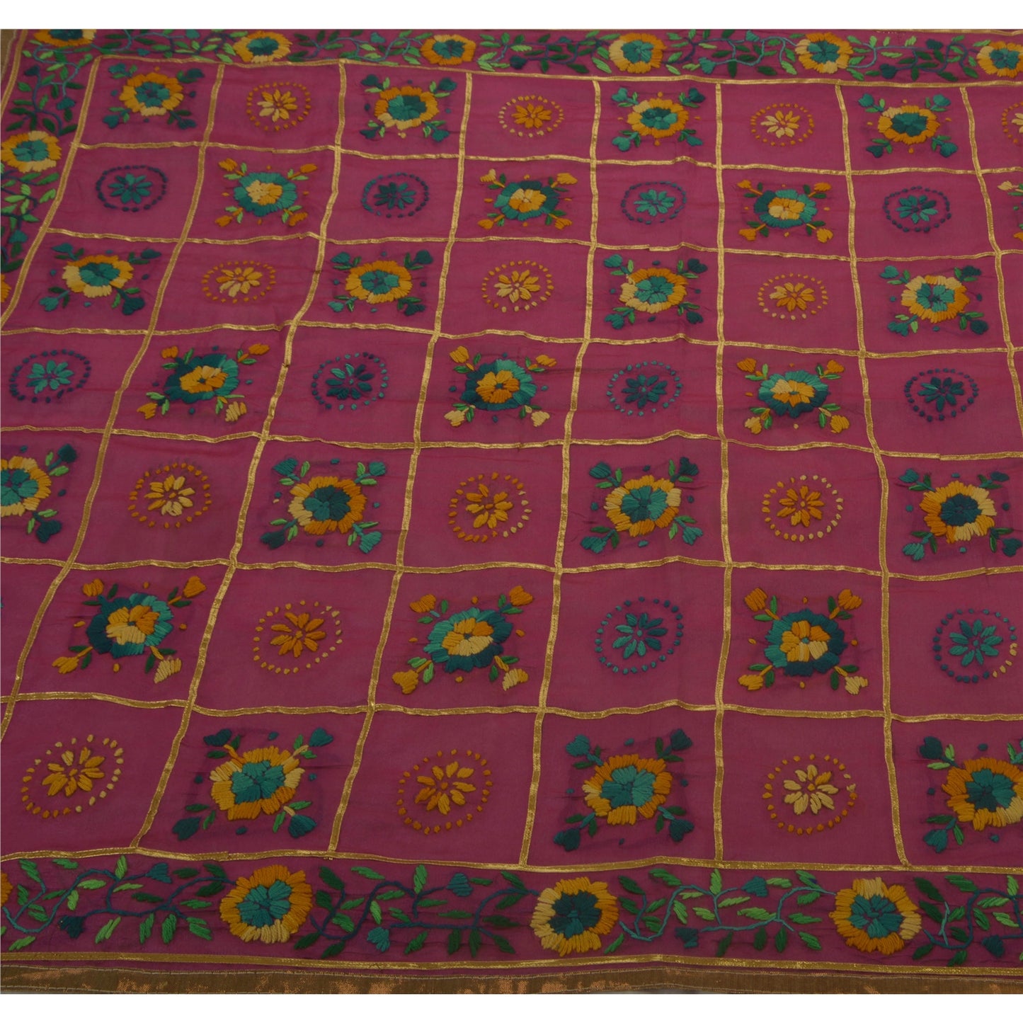Sanskriti Vintage New Purple Heavy Dupatta Hand Embroidered Phulkari Stole Chanderi Silk
