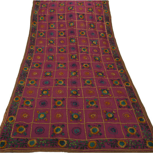 Sanskriti Vintage New Purple Heavy Dupatta Hand Embroidered Phulkari Stole Chanderi Silk