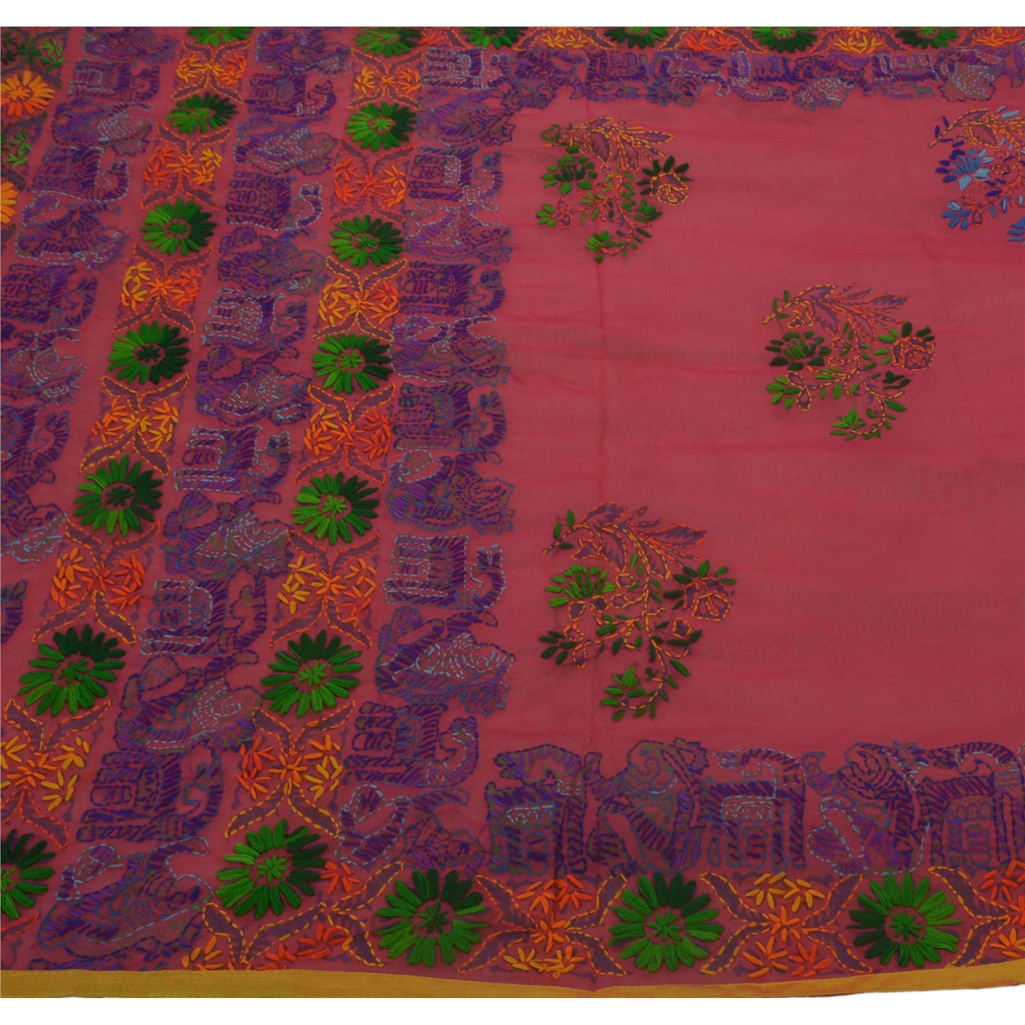 Sanskriti Vintage New Pink Heavy Dupatta Hand Embroidered Kantha Stole Chanderi Silk