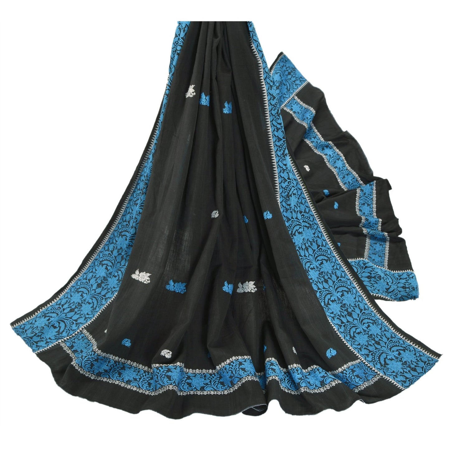 Sanskriti Vintage Black Heavy Dupatta 100% Pure Cotton Woven Scarf Floral Stole