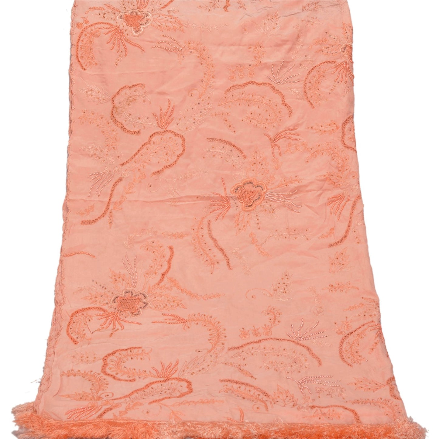 Sanskriti Vintage Peach Heavy Dupatta Pure Silk Hand Beaded Pearl Beads Stole