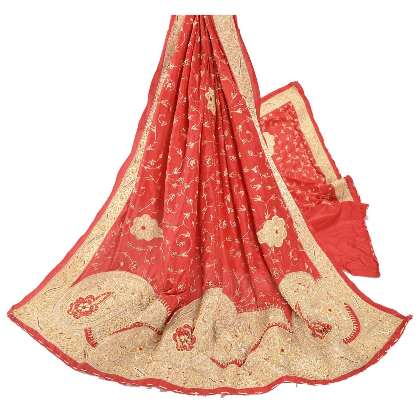 Sanskriti Vintage Red Heavy Dupatta 100% Pure Silk Hand Beaded Patch Work Stole