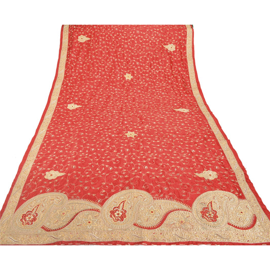 Sanskriti Vintage Red Heavy Dupatta 100% Pure Silk Hand Beaded Patch Work Stole