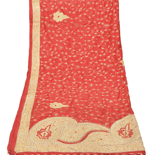 Sanskriti Vintage Rød Tung Dupatta 100% Ren Silke Håndperlet Patchwork Stola