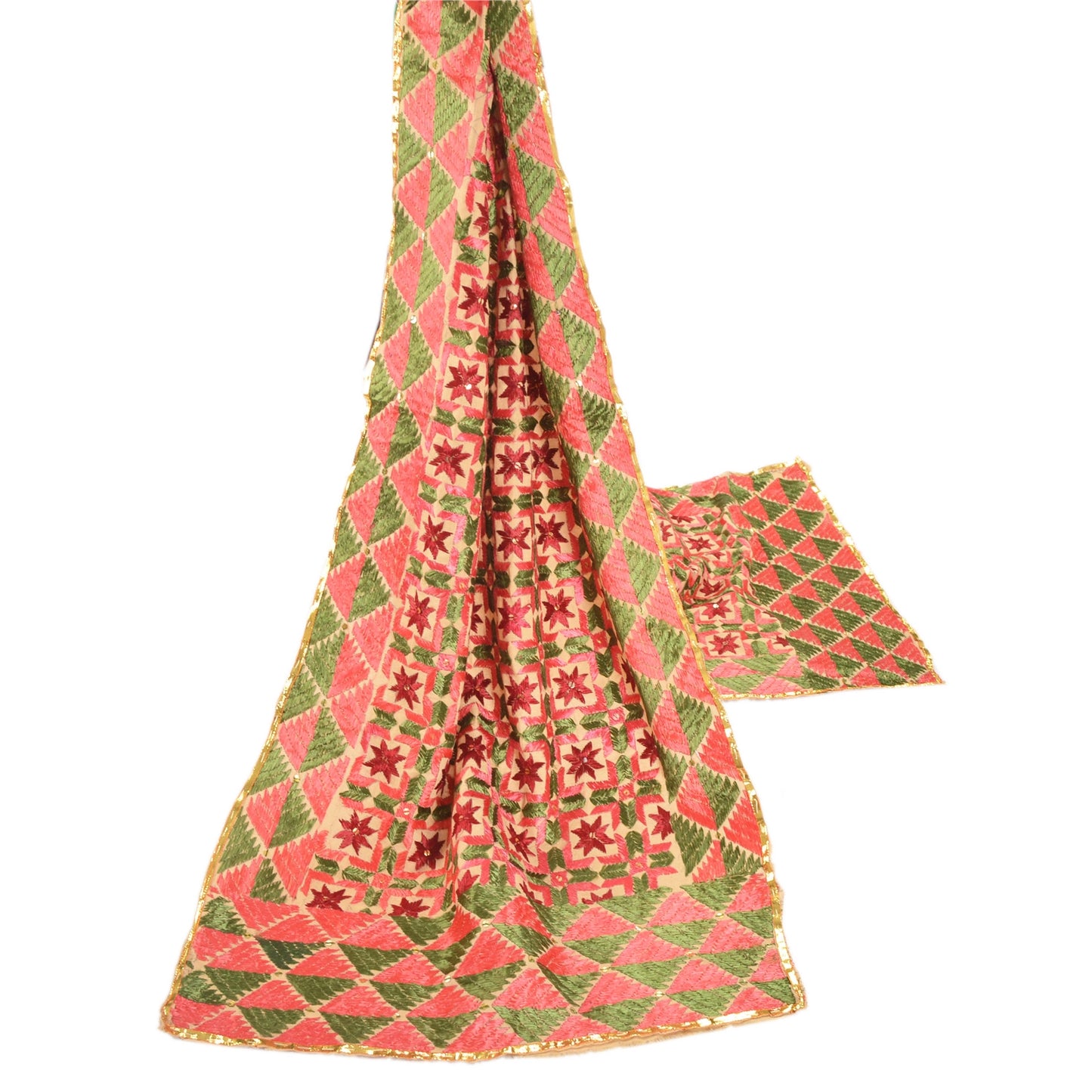 Sanskriti Vintage Heavy Dupatta Hand Embroidered Cream Pure Cotton Bagh Phulkari Stole Veil