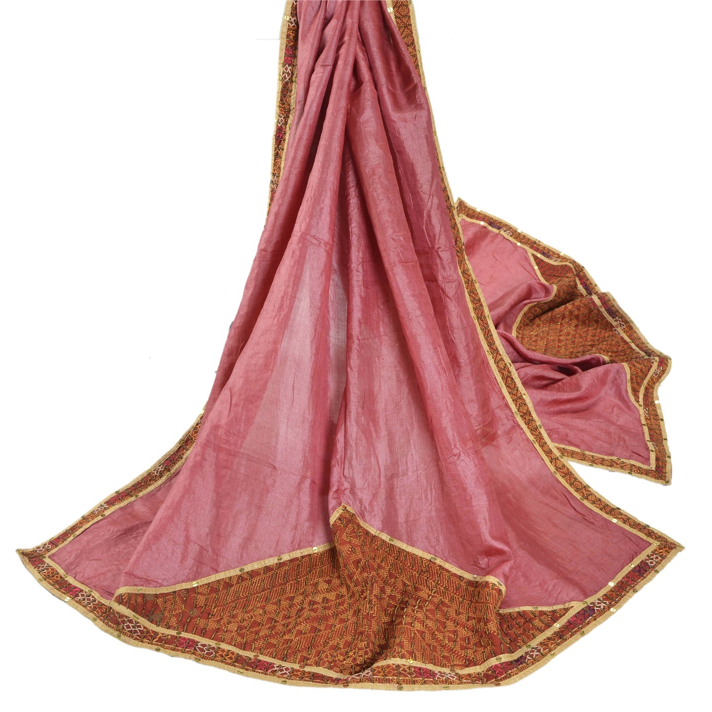 Sanskriti Vintage Pink Heavy Dupatta 100% Pure Silk Hand Beaded Patch Work Stole