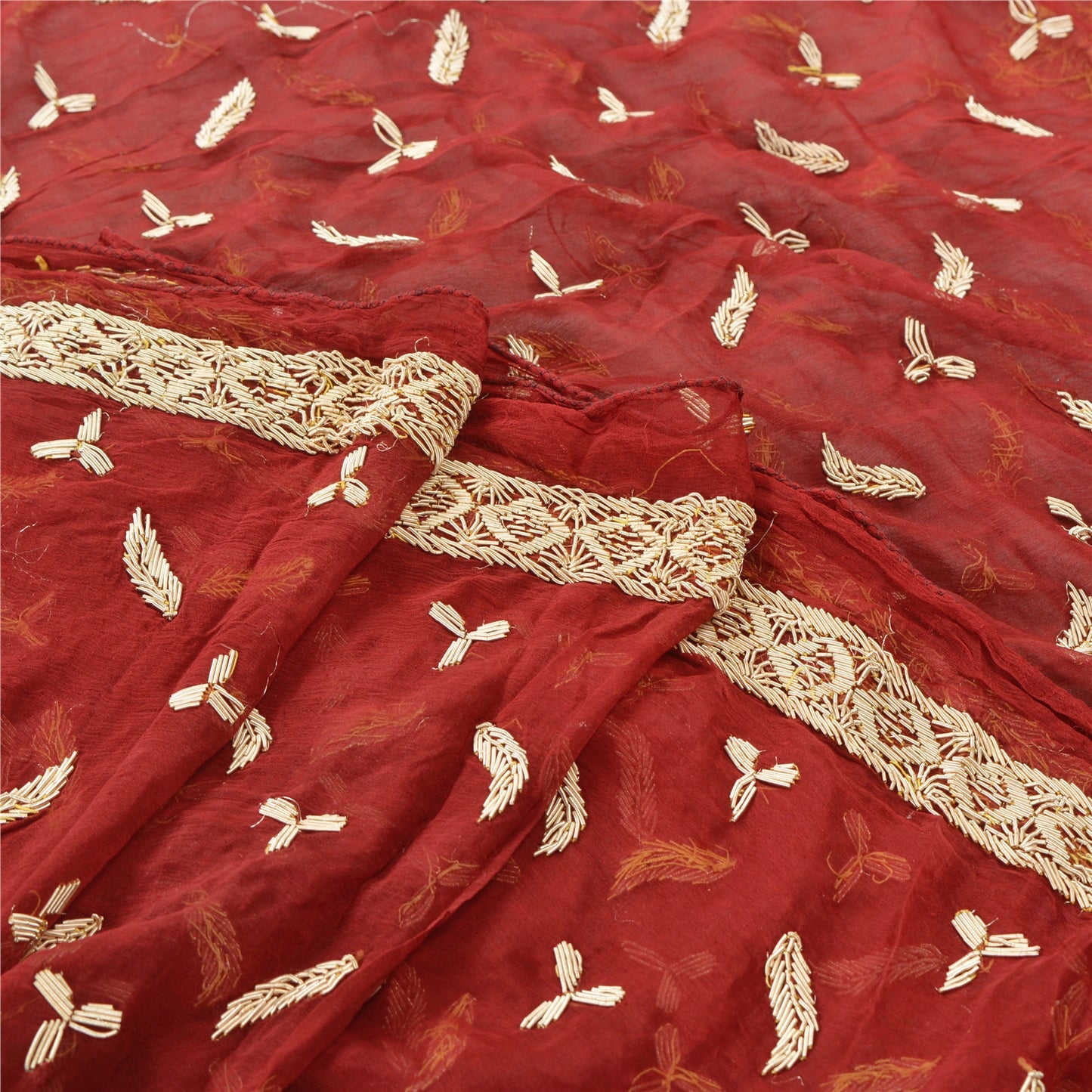Sanskriti Vintage Red Heavy Dupatta Pure Chiffon Silk Hand Embroidered Stole
