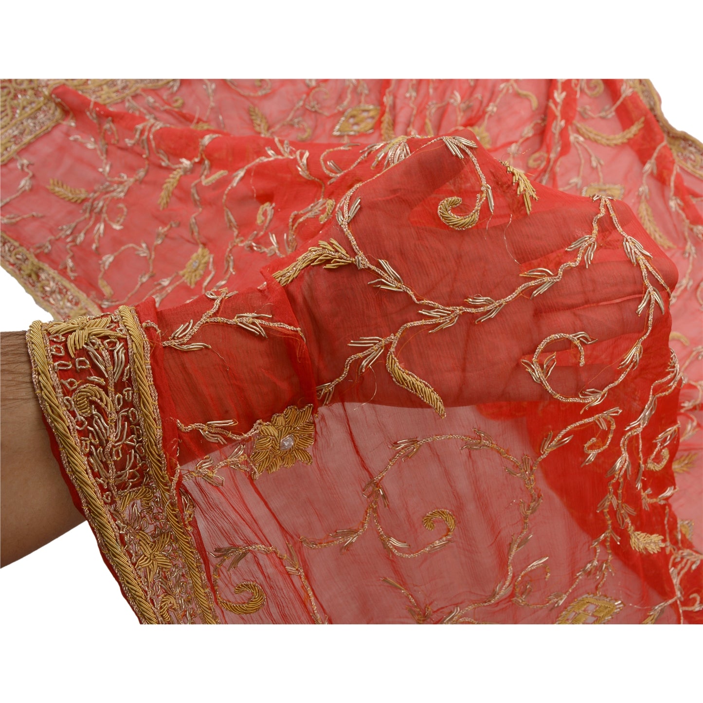 Sanskriti Vintage Heavy Dupatta 100% Pure Chiffon Silk Red Hand Beaded Stole