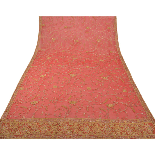 Sanskriti Vintage Heavy Dupatta 100% Pure Chiffon Silk Red Hand Beaded Stole