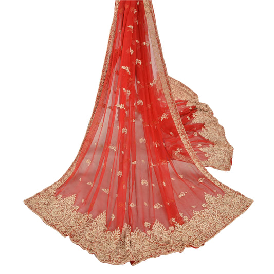 Sanskriti Vintage Heavy Wedding Dupatta Pure Chiffon Silk Red Hand Beaded Stole