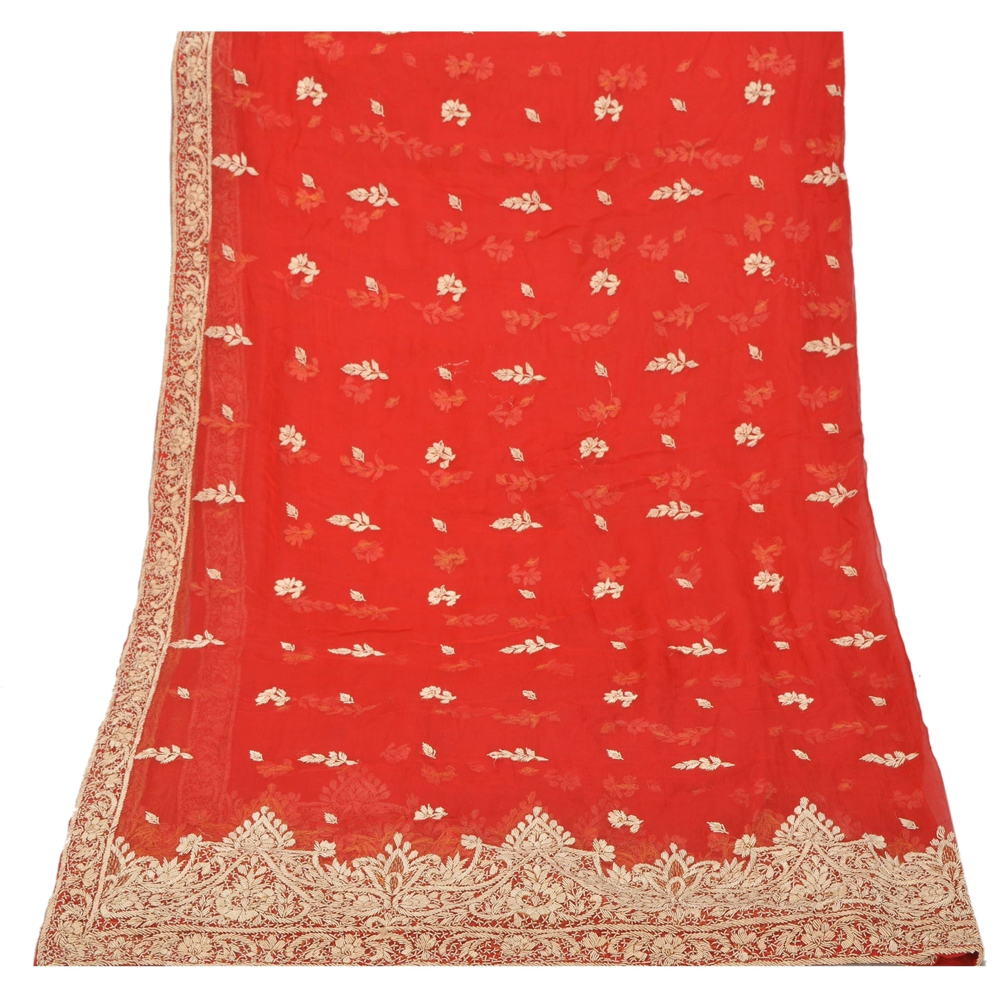 Sanskriti Vintage Heavy Wedding Dupatta Pure Chiffon Silk Red Hand Beaded Stole