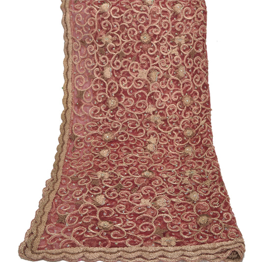 Sanskriti Vintage Dark Red Designer Long Dupatta Stole Net Mesh Hand Beaded Zari Sequins Veil Indian Craft Supplies Fabric