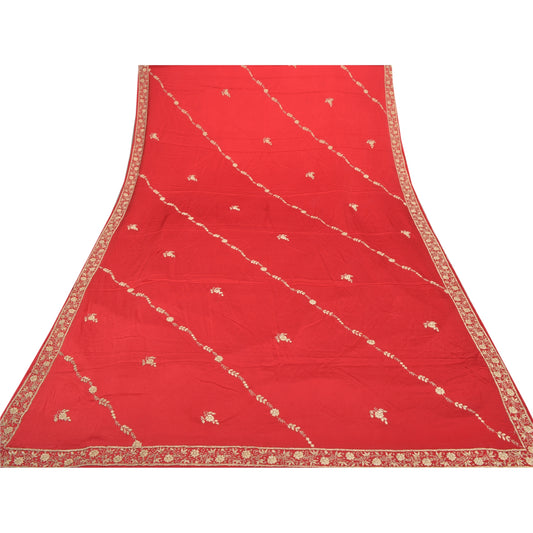 Sanskriti Vintage Heavy Dupatta Pure Satin Silk Red Hand Embroidered Stole