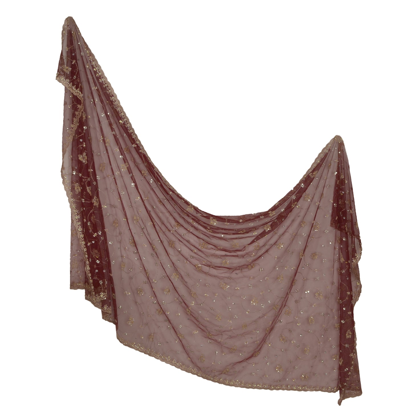 Sanskriti Vintage Heavy Dupatta Net Mesh Dark Red Hand Beaded Zari Work Stole