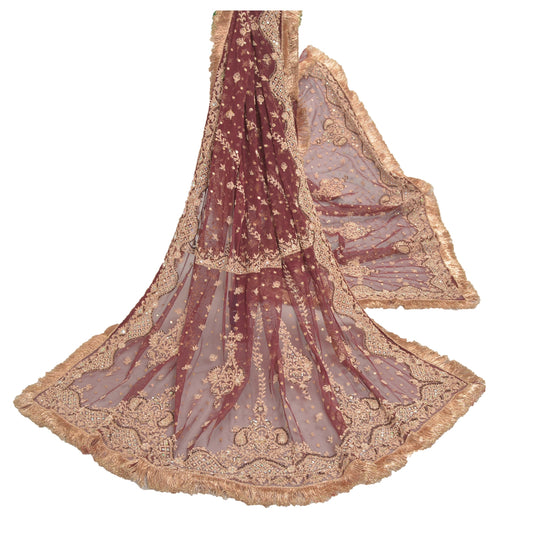 Sanskriti Vintage Heavy Dupatta Net Mesh Dark Red Hand Beaded Zardozi Stole