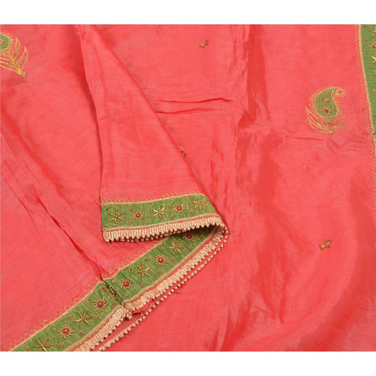 Sanskriti Vintage Heavy Dupatta 100% Pure Silk Coral Hand Beaded Wrap Stole