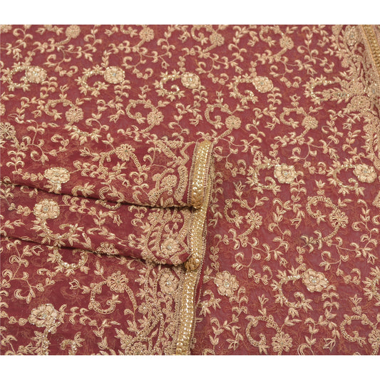 Sanskriti Vintage Heavy Dupatta Net Mesh Dark Red Hand Beaded Zardozi Work Stole