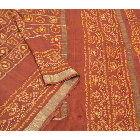 Sanskriti Vintage Heavy Dupatta Pure Silk Brown Handmade Bandhani Woven Stole