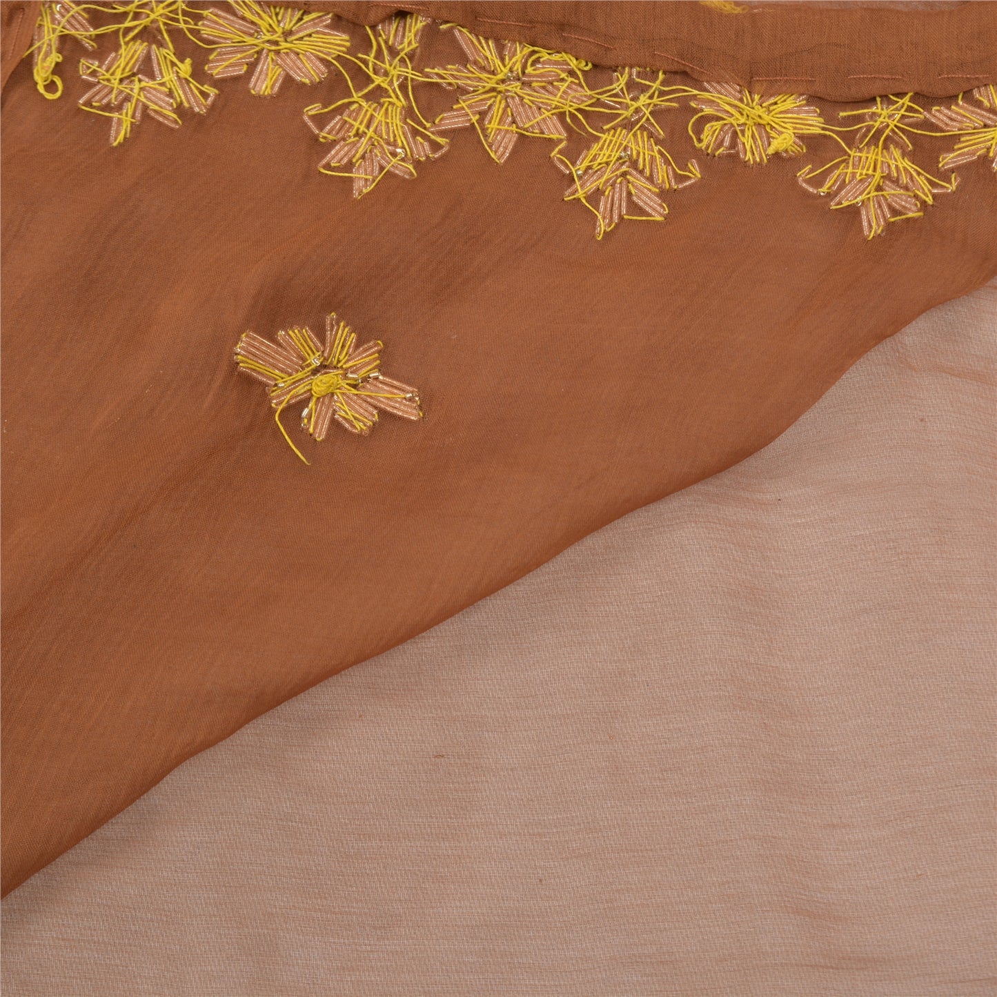 Sanskriti Vintage Heavy Dupatta Pure Chiffon Silk Brown Handmade Zardozi Stole