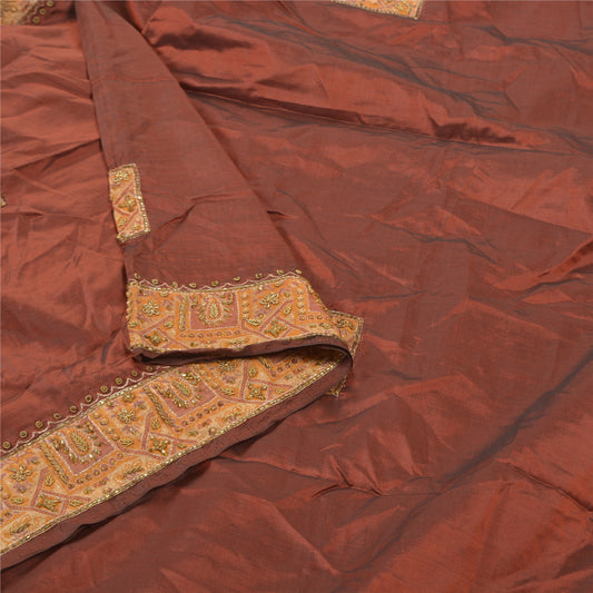 Sanskriti Vintage Heavy Dupatta 100% Pure Silk Brown Hand Beaded Zari Stole