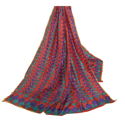 Sanskriti Vintage Heavy Dupatta Pure Cotton Red Handmade Bagh Phulkari Stole