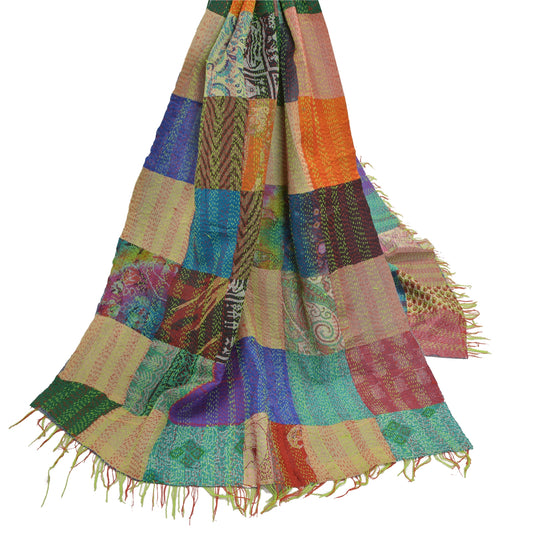 Sanskriti Vintage Heavy Dupatta Long Stole Pure Silk Hand Embroidered Kantha