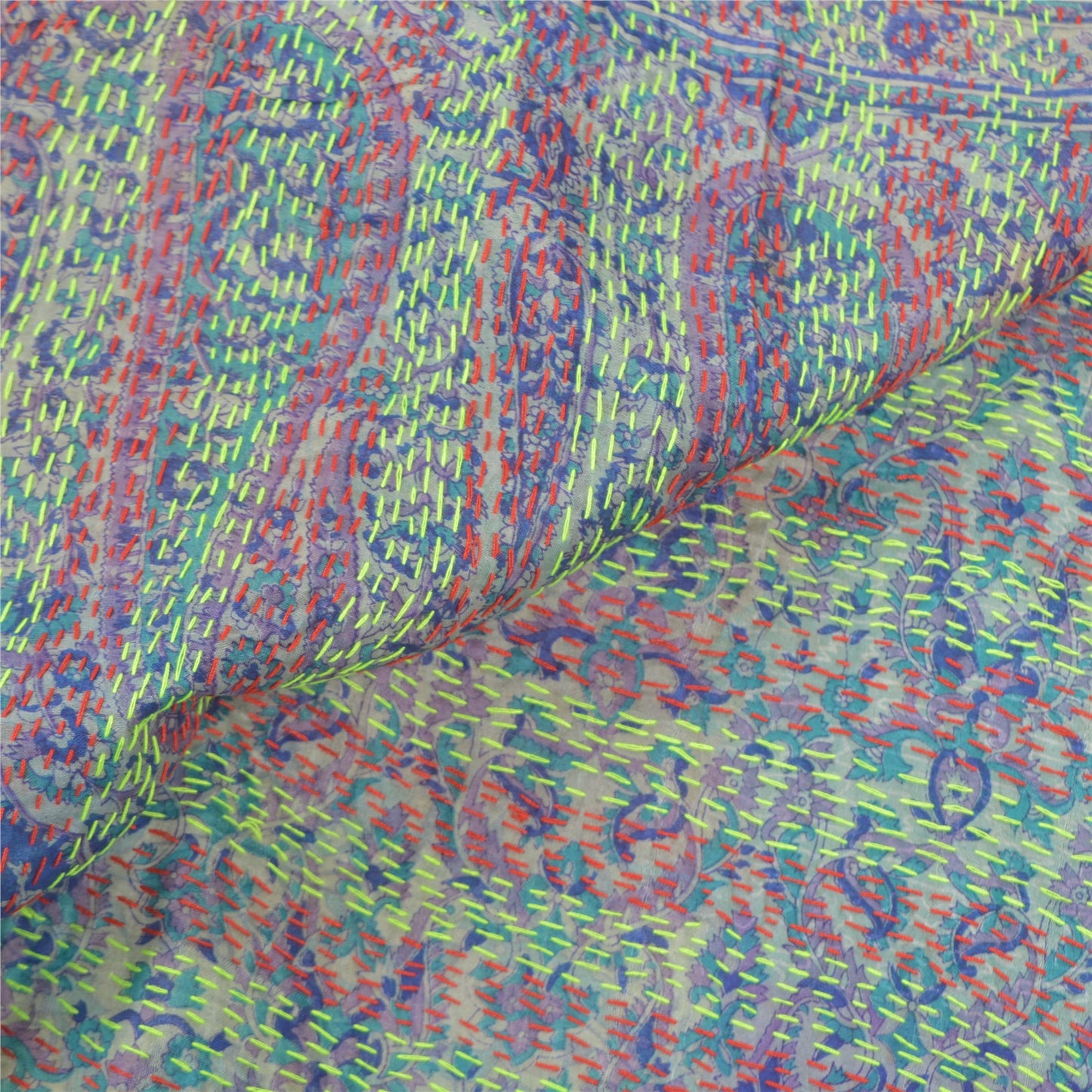 Sanskriti Vintage Heavy Dupatta Long Stole Pure Silk Hand Embroidered Kantha