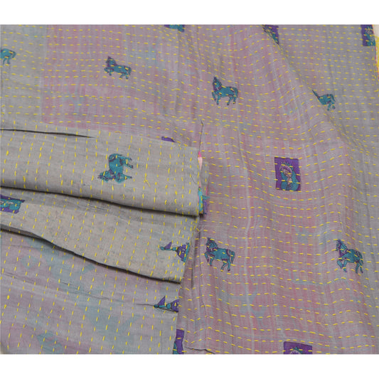 Sanskriti Vintage Heavy Dupatta Long Stole Pure Silk Hand Embroidered Kantha