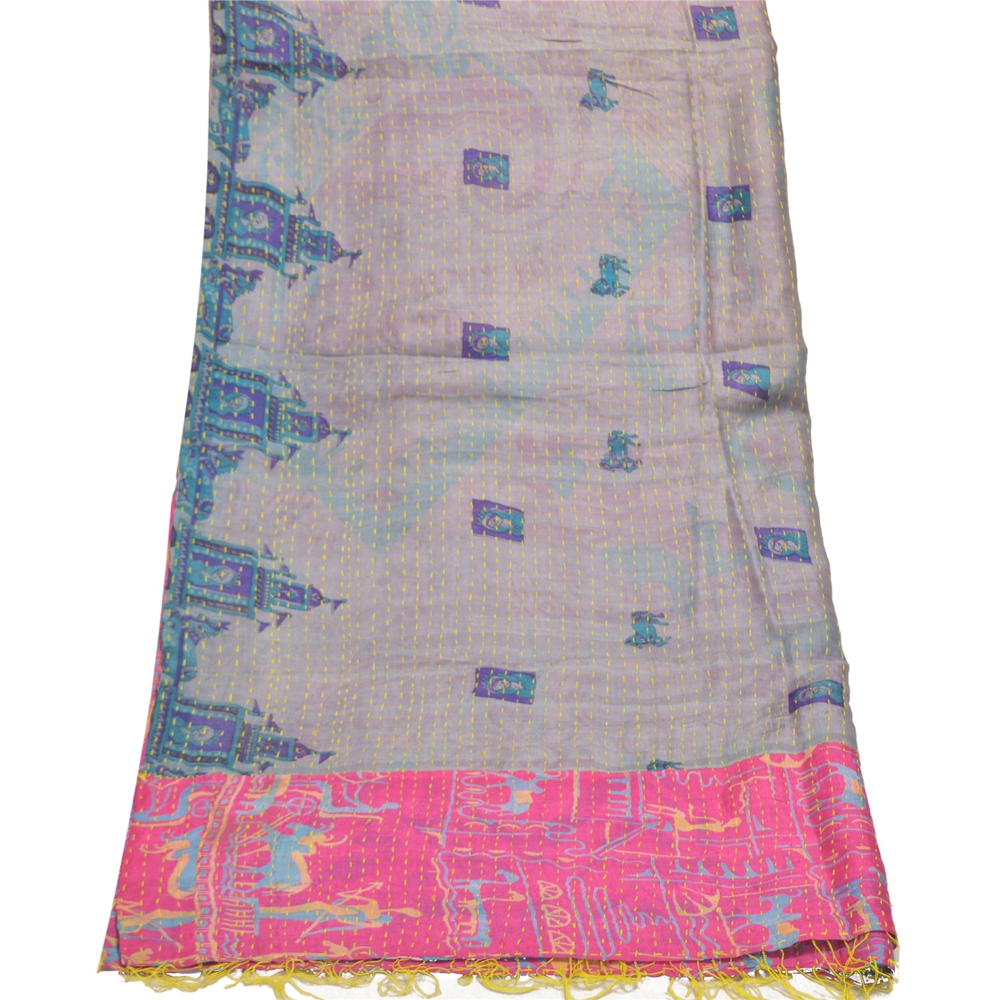 Sanskriti Vintage Heavy Dupatta Long Stole Pure Silk Hand Embroidered Kantha
