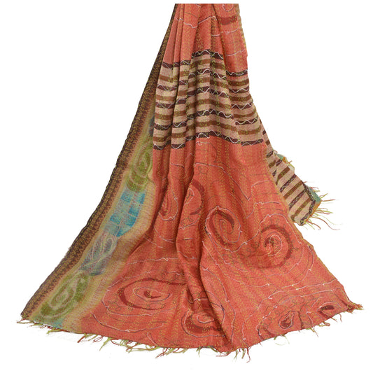 Sanskriti Vintage Heavy Dupatta Long Stole Pure Silk Hand Embroidered Kantha