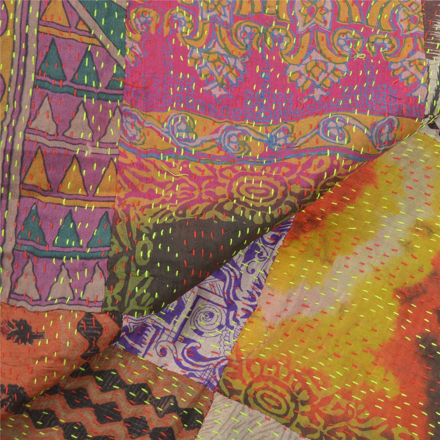 Sanskriti Vintage Heavy Dupatta Long Stole Pure Silk Hand Embroidered Kantha