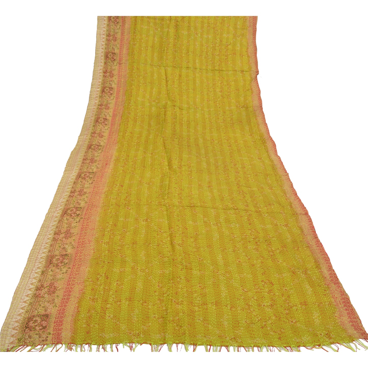 Sanskriti Vintage Heavy Dupatta Long Stole Pure Silk Hand Embroidered Kantha