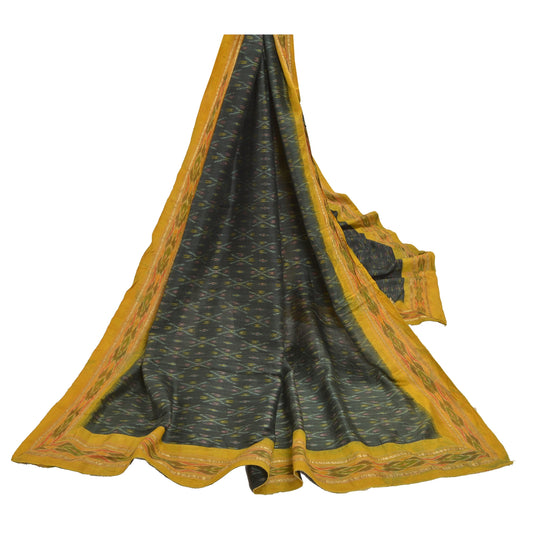 Sanskriti Vintage Green Pochampally Ikat Heavy Dupatta Handwoven Pure Silk Stole