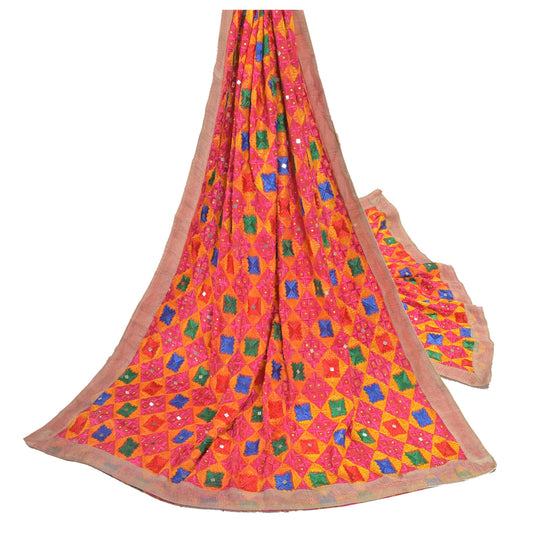 Sanskriti Vintage Red Heavy Dupatta Pure Silk Embroidered Bagh Phulkari Stole