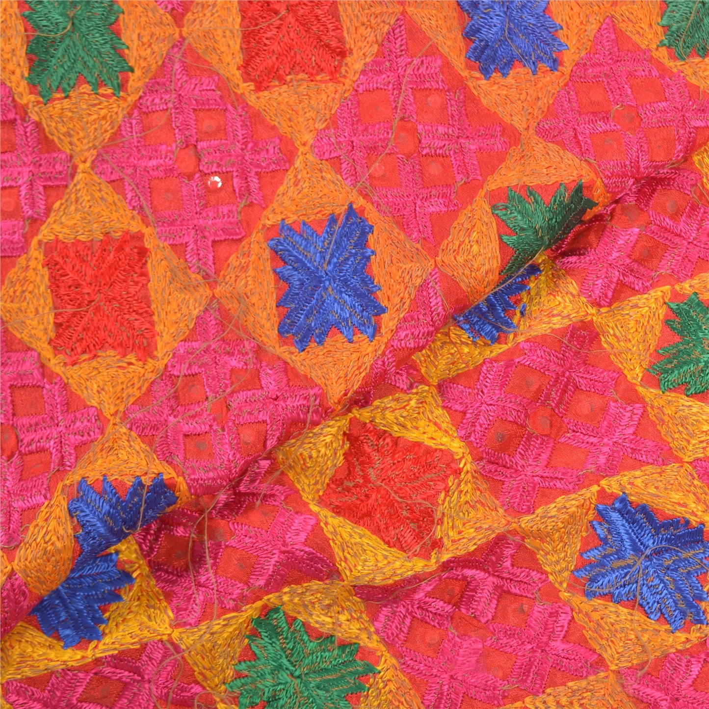 Sanskriti Vintage Red Heavy Dupatta Pure Silk Embroidered Bagh Phulkari Stole