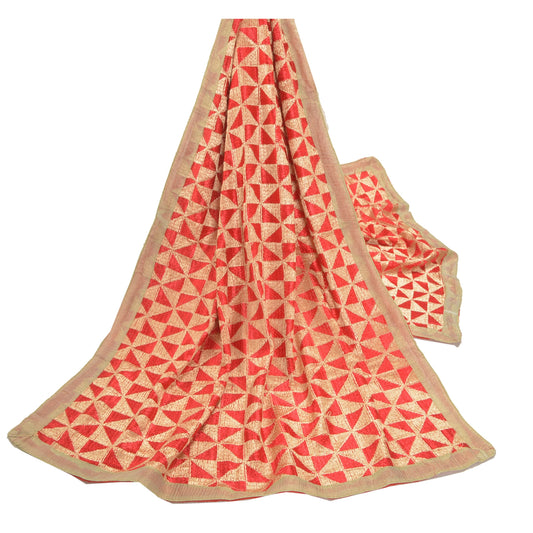 Sanskriti Vintage Red Heavy Dupatta Embroidered Chiffon Silk Bagh Phulkari Stole