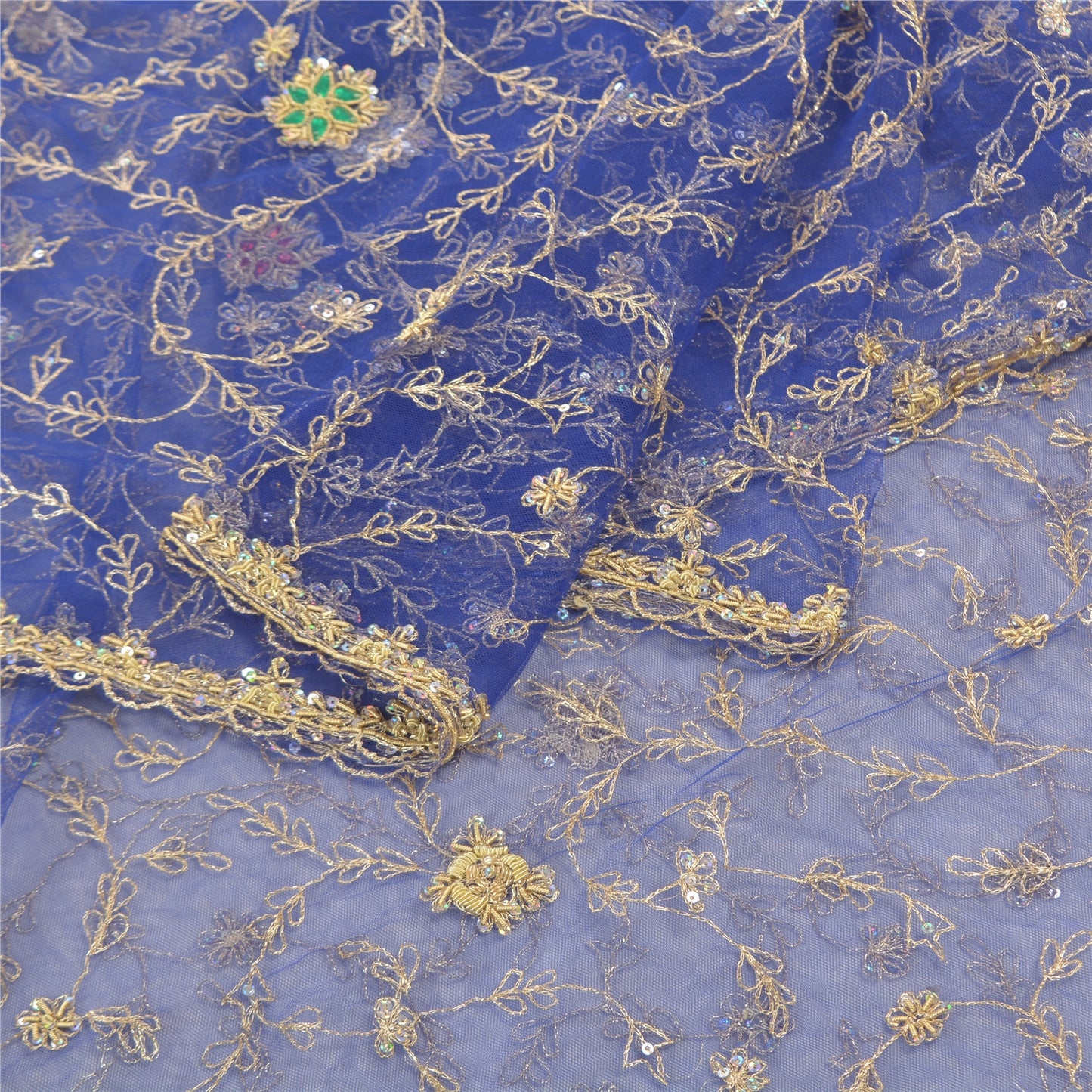 Sanskriti Vintage Heavy Dupatta Net Mesh Blue Hand Beaded Zardozi Stole