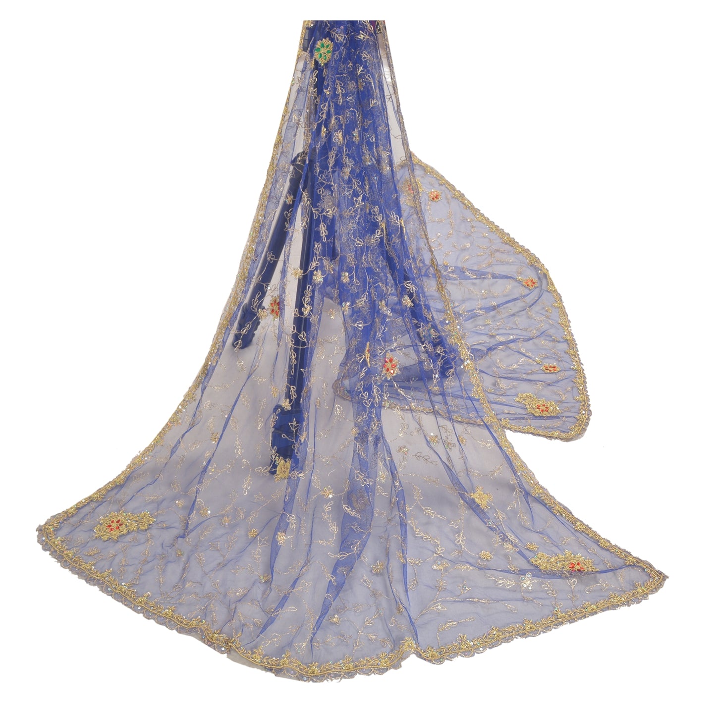 Sanskriti Vintage Heavy Dupatta Net Mesh Blue Hand Beaded Zardozi Stole