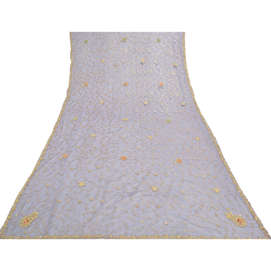 Sanskriti Vintage Heavy Dupatta Net Mesh Blue Hand Beaded Zardozi Stole