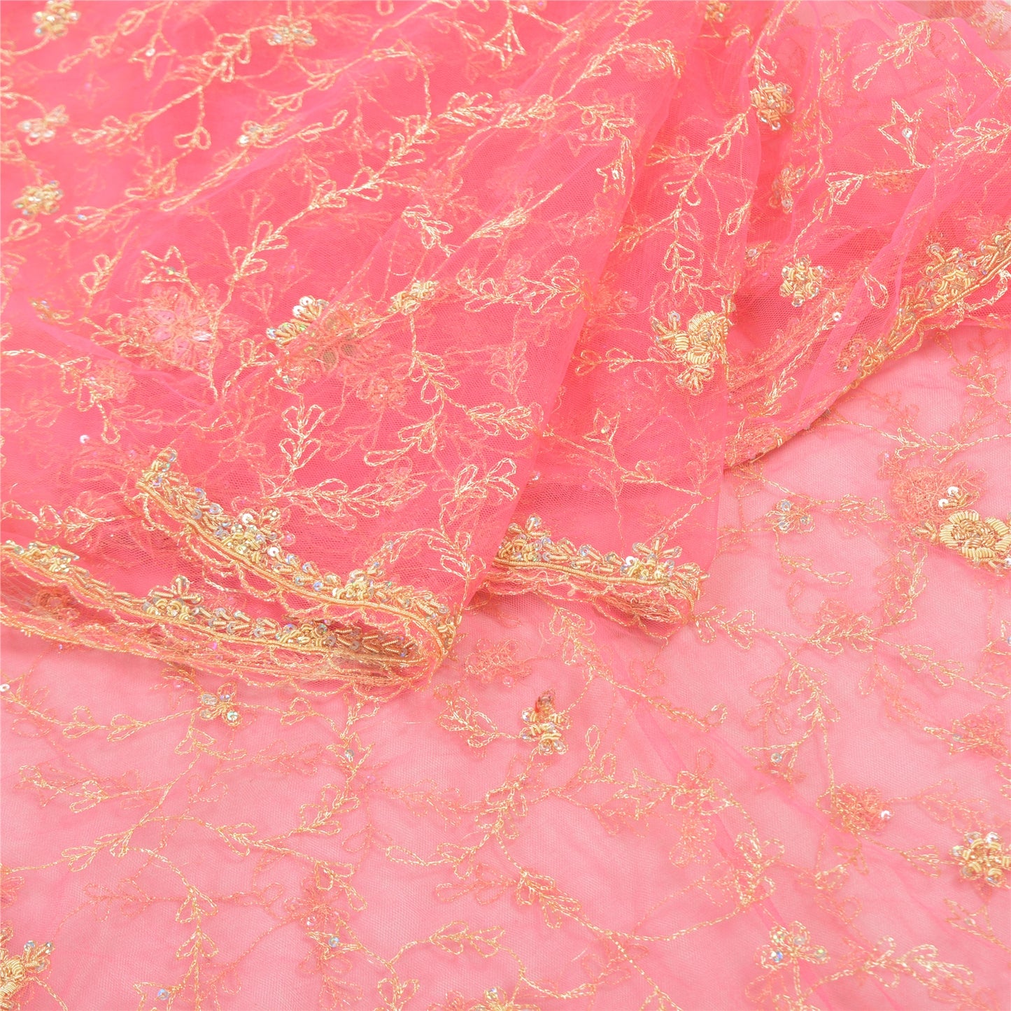 Sanskriti Vintage Heavy Dupatta Net Mesh Pink Hand Beaded Zari Work Stole