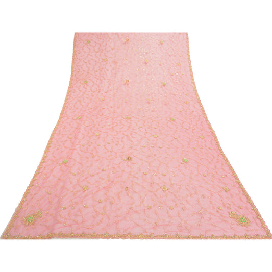 Sanskriti Vintage Heavy Dupatta Net Mesh Pink Hand Beaded Zari Work Stole