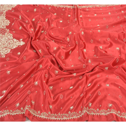 Sanskriti Vintage Heavy Dupatta 100% Pure Satin Silk Dark Red Hand Beaded Stole